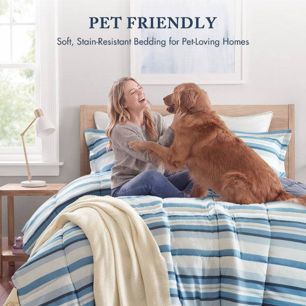 JLA Home Parkston Plaid Stripe Microfiber Comforter Set with Scotchgard All Season Warmth Blue Wesley Stripe Queen MPE10-1251