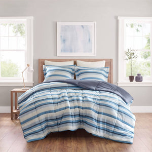 JLA Home Parkston Plaid Stripe Microfiber Comforter Set with Scotchgard All Season Warmth Blue Wesley Stripe Queen MPE10-1251