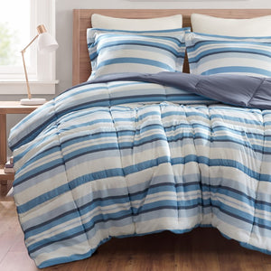 JLA Home Parkston Plaid Stripe Microfiber Comforter Set with Scotchgard All Season Warmth Blue Wesley Stripe King MPE10-1252
