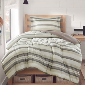 JLA Home Parkston Plaid Stripe Microfiber Comforter Set with Scotchgard All Season Warmth Taupe Wesley Stripe Twin MPE10-1253