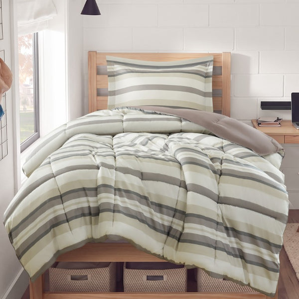 JLA Home Parkston Plaid Stripe Microfiber Comforter Set with Scotchgard All Season Warmth Taupe Wesley Stripe Twin MPE10-1253