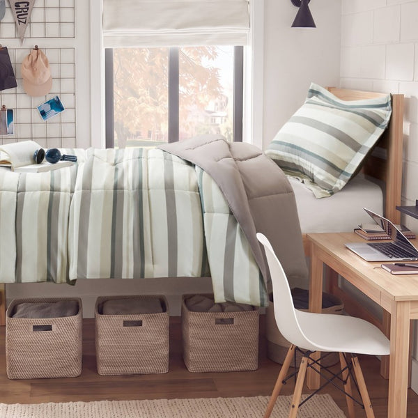 JLA Home Parkston Plaid Stripe Microfiber Comforter Set with Scotchgard All Season Warmth Taupe Wesley Stripe Twin MPE10-1253
