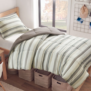 JLA Home Parkston Plaid Stripe Microfiber Comforter Set with Scotchgard All Season Warmth Taupe Wesley Stripe Twin MPE10-1253