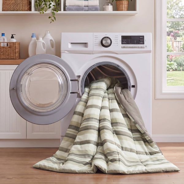 JLA Home Parkston Plaid Stripe Microfiber Comforter Set with Scotchgard All Season Warmth Taupe Wesley Stripe Queen MPE10-1254