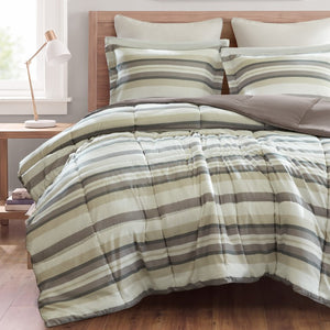 JLA Home Parkston Plaid Stripe Microfiber Comforter Set with Scotchgard All Season Warmth Taupe Wesley Stripe King MPE10-1255