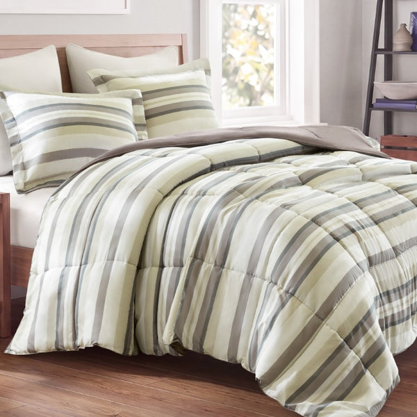 JLA Home Parkston Plaid Stripe Microfiber Comforter Set with Scotchgard All Season Warmth Taupe Wesley Stripe King MPE10-1255