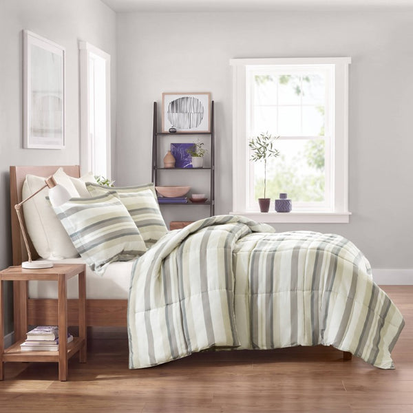 JLA Home Parkston Plaid Stripe Microfiber Comforter Set with Scotchgard All Season Warmth Taupe Wesley Stripe King MPE10-1255