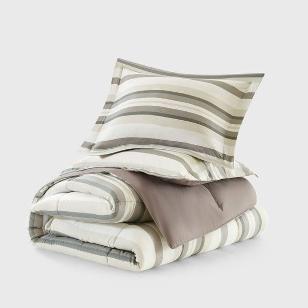 JLA Home Parkston Plaid Stripe Microfiber Comforter Set with Scotchgard All Season Warmth Taupe Wesley Stripe King MPE10-1255