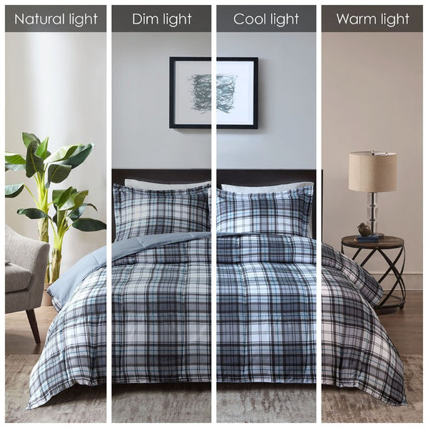 JLA Home Parkston Plaid Stripe Microfiber Comforter Set with Scotchgard All Season Warmth Plaid Grey Twin MPE10-598