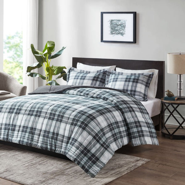 JLA Home Parkston Plaid Stripe Microfiber Comforter Set with Scotchgard All Season Warmth Black/White Queen MPE10-825