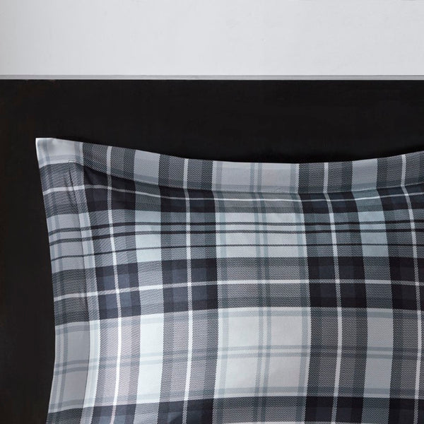 JLA Home Parkston Plaid Stripe Microfiber Comforter Set with Scotchgard All Season Warmth Black/White Queen MPE10-825