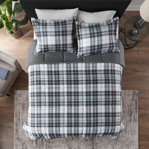 JLA Home Parkston Plaid Stripe Microfiber Comforter Set with Scotchgard All Season Warmth Black/White Queen MPE10-825