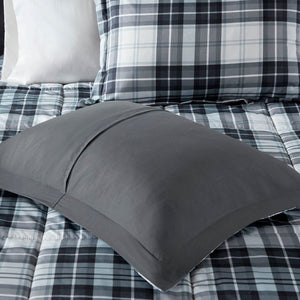 JLA Home Parkston Plaid Stripe Microfiber Comforter Set with Scotchgard All Season Warmth Black/White Queen MPE10-825