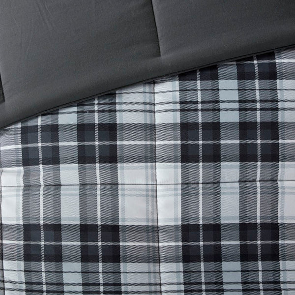 JLA Home Parkston Plaid Stripe Microfiber Comforter Set with Scotchgard All Season Warmth Black/White Queen MPE10-825