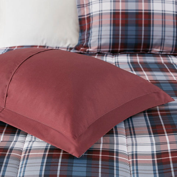 JLA Home Parkston Plaid Stripe Microfiber Comforter Set with Scotchgard All Season Warmth Red Queen MPE10-946