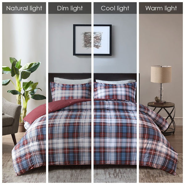 JLA Home Parkston Plaid Stripe Microfiber Comforter Set with Scotchgard All Season Warmth Red Queen MPE10-946