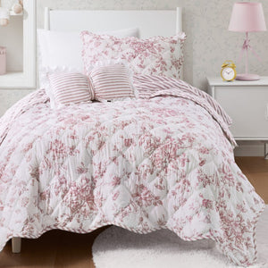 JLA Home Adele Floral Microfiber Quilt Set with Scalloped Edges and Diamond Stitching Pattern Pink 90 W x 66 L MPE13-1216