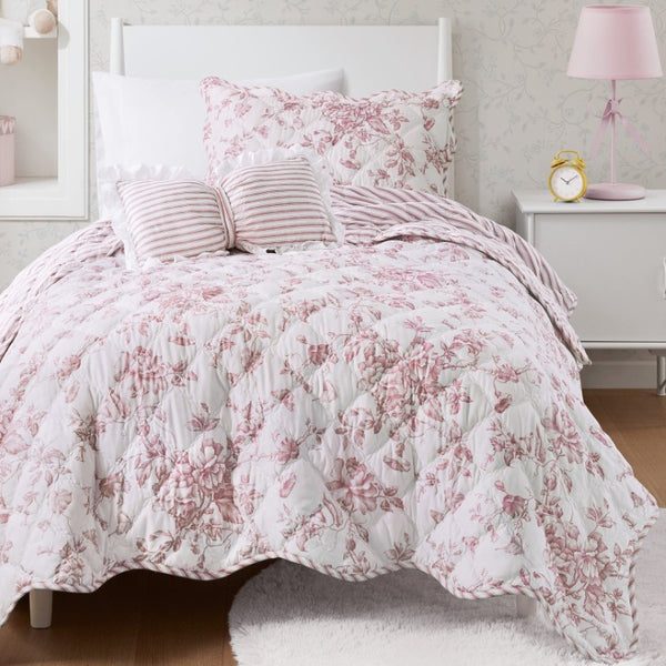 JLA Home Adele Floral Microfiber Quilt Set with Scalloped Edges and Diamond Stitching Pattern Pink 90 W x 66 L MPE13-1216