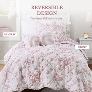JLA Home Adele Floral Microfiber Quilt Set with Scalloped Edges and Diamond Stitching Pattern Pink 90 W x 66 L MPE13-1216