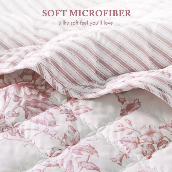 JLA Home Adele Floral Microfiber Quilt Set with Scalloped Edges and Diamond Stitching Pattern Pink 90 W x 66 L MPE13-1216