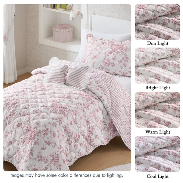 JLA Home Adele Floral Microfiber Quilt Set with Scalloped Edges and Diamond Stitching Pattern Pink 90 W x 66 L MPE13-1216