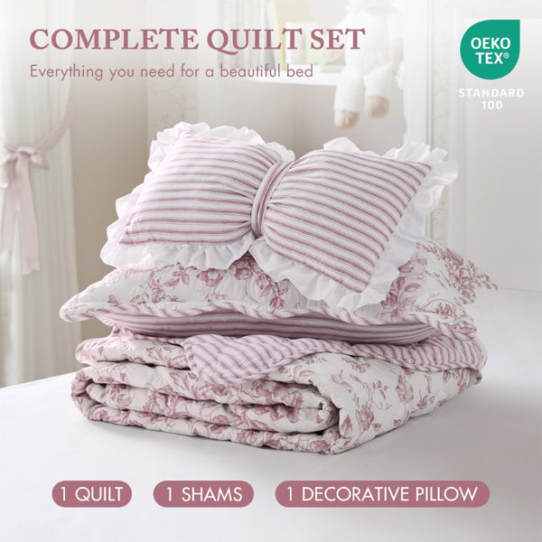 JLA Home Adele Floral Microfiber Quilt Set with Scalloped Edges and Diamond Stitching Pattern Pink 90 W x 66 L MPE13-1216