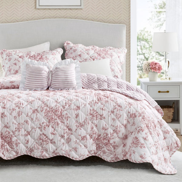 JLA Home Adele Floral Microfiber Quilt Set with Scalloped Edges and Diamond Stitching Pattern Pink 90 W x 90 L MPE13-1217