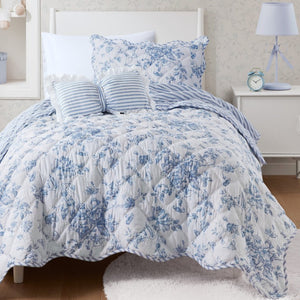 JLA Home Adele Floral Microfiber Quilt Set with Scalloped Edges and Diamond Stitching Pattern Blue 90 W x 66 L MPE13-1219