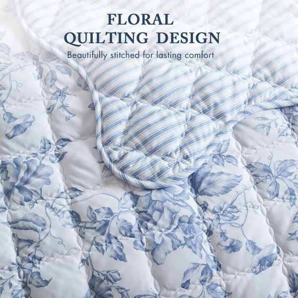 JLA Home Adele Floral Microfiber Quilt Set with Scalloped Edges and Diamond Stitching Pattern Blue 90 W x 66 L MPE13-1219