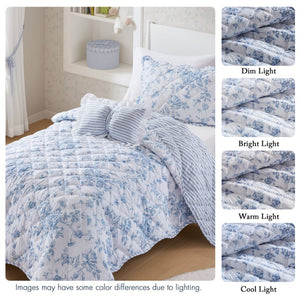 JLA Home Adele Floral Microfiber Quilt Set with Scalloped Edges and Diamond Stitching Pattern Blue 90 W x 66 L MPE13-1219