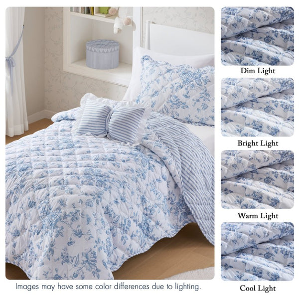 JLA Home Adele Floral Microfiber Quilt Set with Scalloped Edges and Diamond Stitching Pattern Blue 90 W x 66 L MPE13-1219