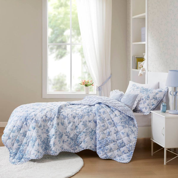 JLA Home Adele Floral Microfiber Quilt Set with Scalloped Edges and Diamond Stitching Pattern Blue 90 W x 66 L MPE13-1219
