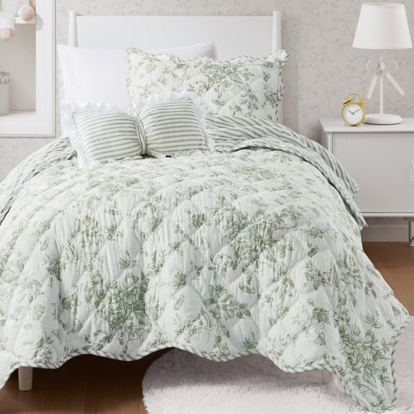 JLA Home Adele Floral Microfiber Quilt Set with Scalloped Edges and Diamond Stitching Pattern Green 90 W x 66 L MPE13-1222