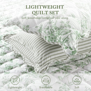 JLA Home Adele Floral Microfiber Quilt Set with Scalloped Edges and Diamond Stitching Pattern Green 90 W x 66 L MPE13-1222
