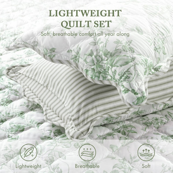 JLA Home Adele Floral Microfiber Quilt Set with Scalloped Edges and Diamond Stitching Pattern Green 90 W x 66 L MPE13-1222