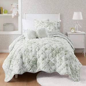 JLA Home Adele Floral Microfiber Quilt Set with Scalloped Edges and Diamond Stitching Pattern Green 90 W x 66 L MPE13-1222