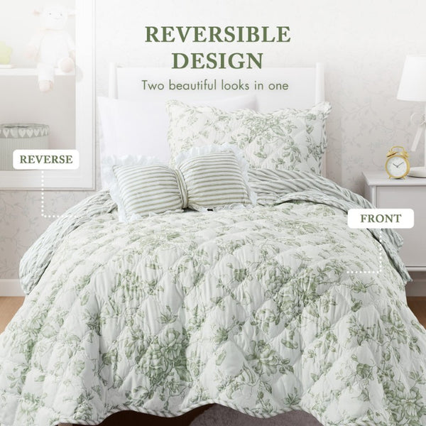 JLA Home Adele Floral Microfiber Quilt Set with Scalloped Edges and Diamond Stitching Pattern Green 90 W x 66 L MPE13-1222