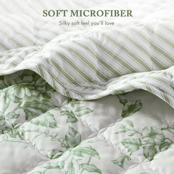 JLA Home Adele Floral Microfiber Quilt Set with Scalloped Edges and Diamond Stitching Pattern Green 90 W x 66 L MPE13-1222