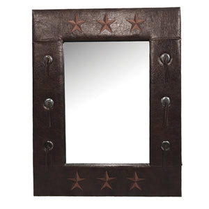 Hiend Accents Star Faux Leather Mirror - Rustic Elegance With Embroidered Stars, Conchos, And Tassel Detailing Brown Faux Leather Mr2010
