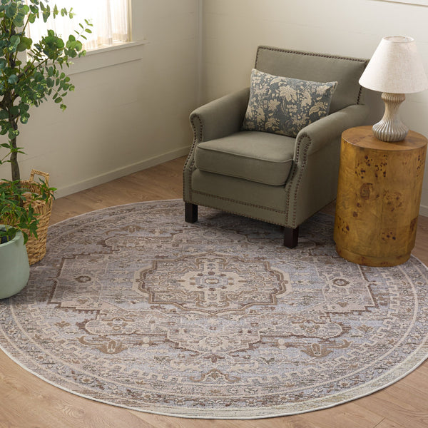 Safavieh Miranda Square Transitional Medallion Rug In Beige & Grey Ivory — Low 1/8" Pile, Durable Power-Loomed Turkish Craftsmanship 6'-6" x 6'-6" MRD300B-7SQ