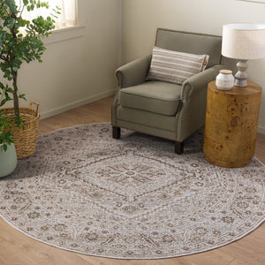 Safavieh Miranda Round Low-Profile Rug In Beige Grey Ivory — Transitional Power-Loomed Turkish Durability & Texture 6'-6" x 6'-6" MRD304B-7R