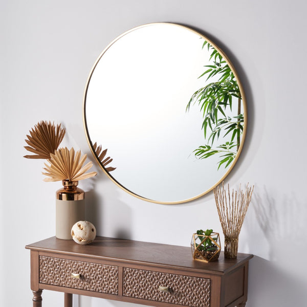 Safavieh RINLON, 30-Inch Gold Round Mirror - Modern Minimalist Accent for Entryways and Gallery Walls MRR1051A