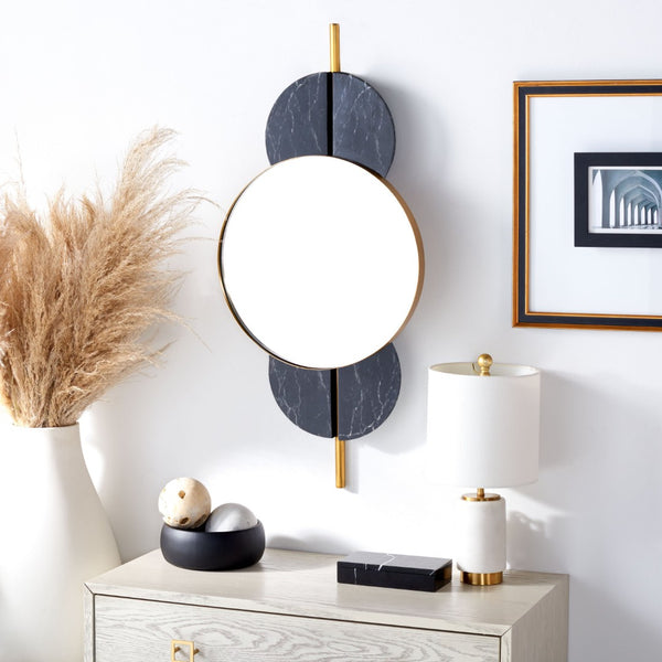 Safavieh LAVELLE, 35-Inch Sculptural Iron and Glass Mirror for Elegant Home Décor and Modern Style Black / Gold MRR3048B