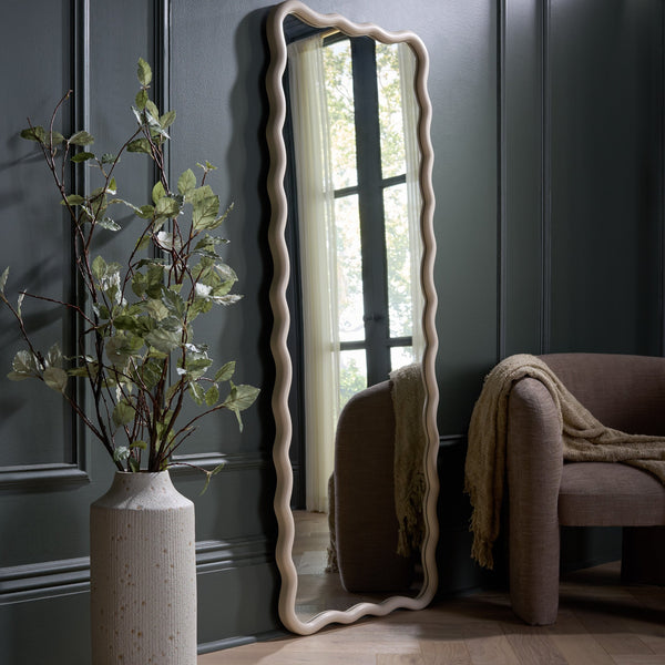 Safavieh IZARA Sculptural Full-Length Mirror 23.6" x 63" in Soft White Wood-Look Frame for Bright, Airy Rooms MRR9027A