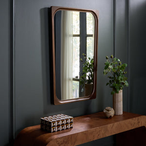 Safavieh LOLA Warm Brown Rectangular Wall Mirror 23.8x35" Rubberwood Frame, Beveled Glass, Mid‑Century Charm MRR9031A