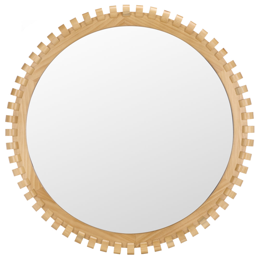Safavieh KELLY Natural Pinewood Mirror 35" Round-Edge 35.04in Frame Amplifies Light, Warm Organic Grain MRR9033A