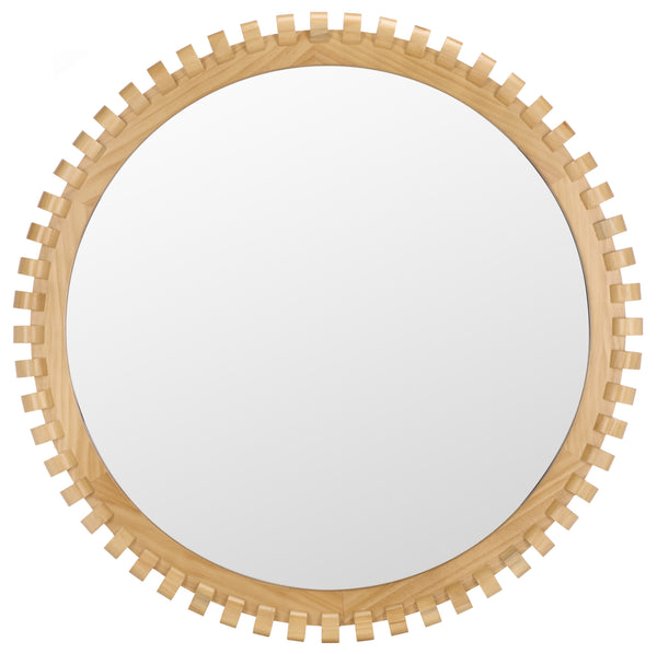 Safavieh KELLY Natural Pinewood Mirror 35" Round-Edge 35.04in Frame Amplifies Light, Warm Organic Grain MRR9033A