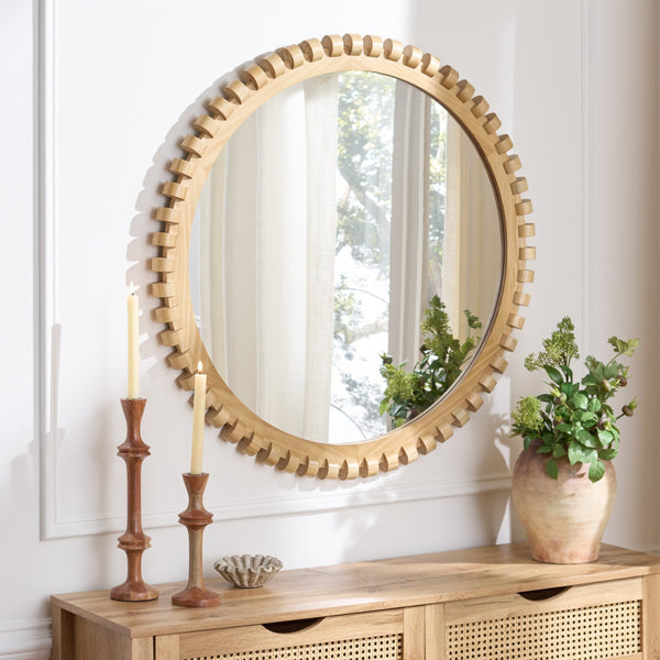 Safavieh KELLY Natural Pinewood Mirror 35" Round-Edge 35.04in Frame Amplifies Light, Warm Organic Grain MRR9033A