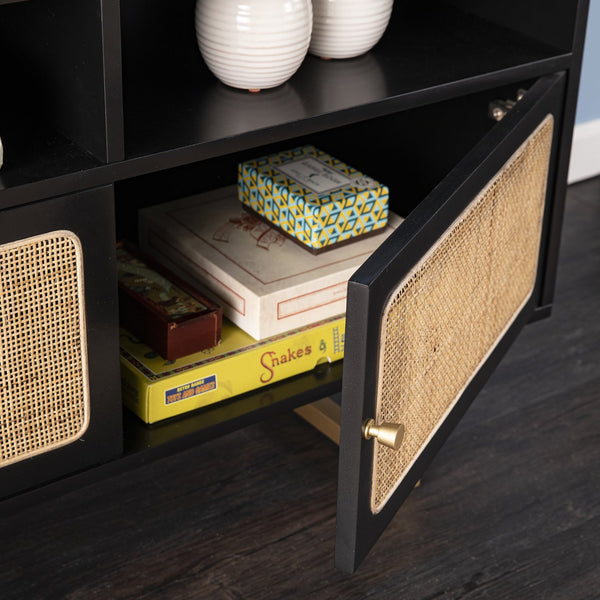 Safavieh Mursley Mid-Century Tv Stand With Rattan Doors And Open Shelving For Living Rooms MS1222613
