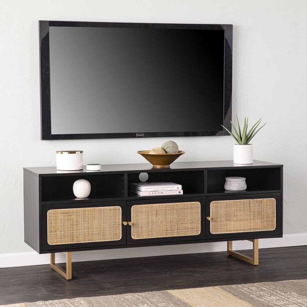 Safavieh Mursley Mid-Century Tv Stand With Rattan Doors And Open Shelving For Living Rooms MS1222613